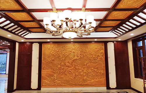 路桥中式别墅客厅中式木作横梁吊顶装饰展示